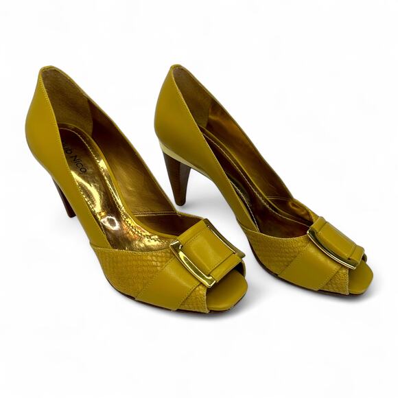 Klub Nico Women's Peep Toe Heels Size BZ 37 US 8 Mustard Yellow Square Buckle - Picture 13 of 13